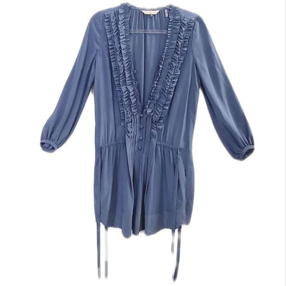 Rebecca Taylor silk ruffle shirt mini dress Top W/ Waist tie  blue size small 2 - Picture 2 of 16